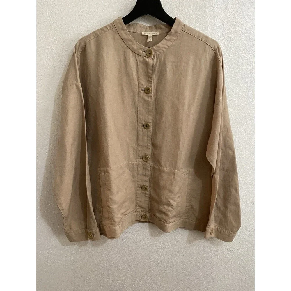 Eileen Fisher Beige Classic Linen Boxy Jacket With Stand Collar XL D32